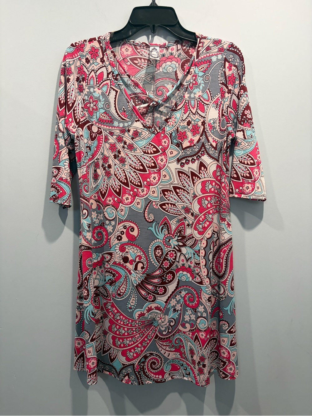 Honeyme Pink & Blue Paisley V-Neck 3/4 Sleeve Tunic Dress Sz S Made in USA